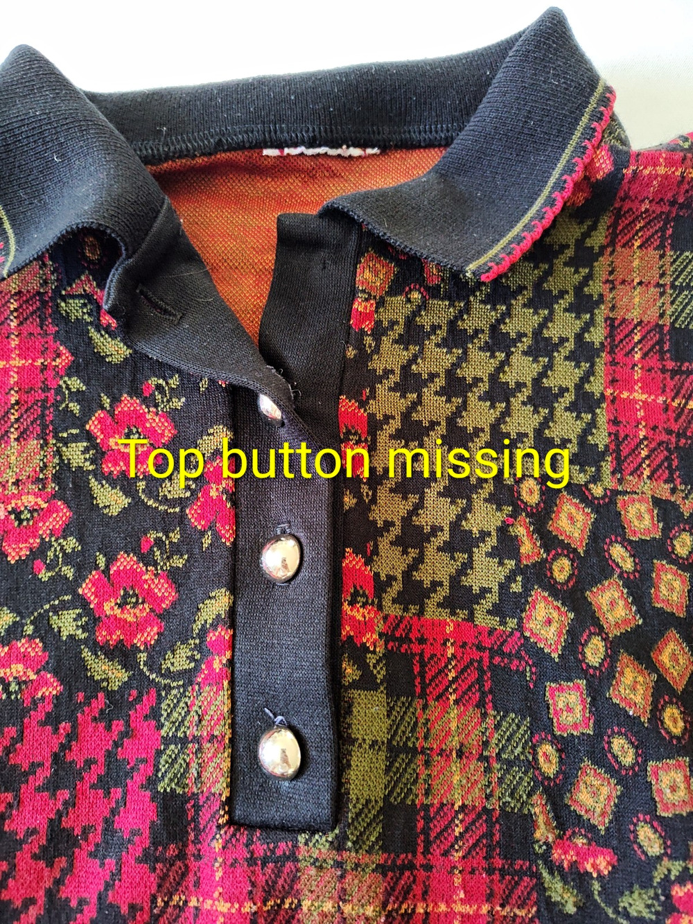 Multicolor Patchwork Knit Collared Button Neck Pullover Sweater Women One Size